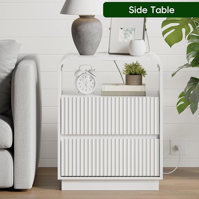 White Nightstand with Charging Station, Mid Century Modern Bedside Table & End - Image 5