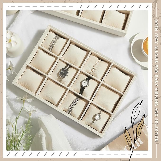 Henoyso 2 Pieces 12 Grid Velvet Watch Tray Jewelry Organizer Stackable Watch - Image 7
