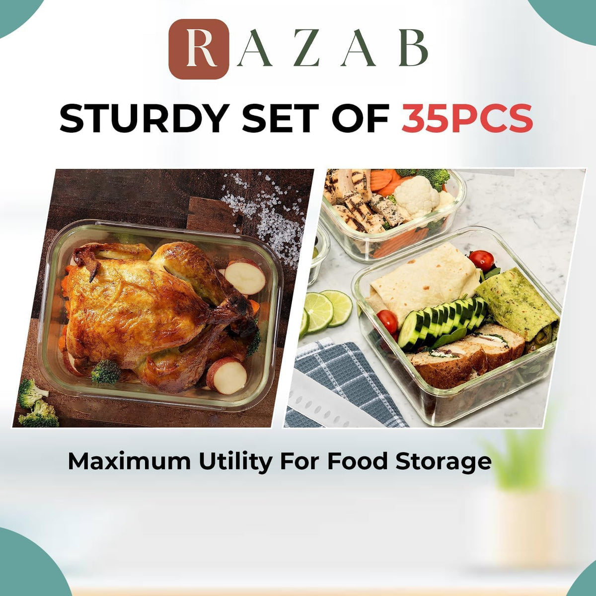 Razab 35 Pc Set Glass Food Storage Containers with Lids - Meal Prep