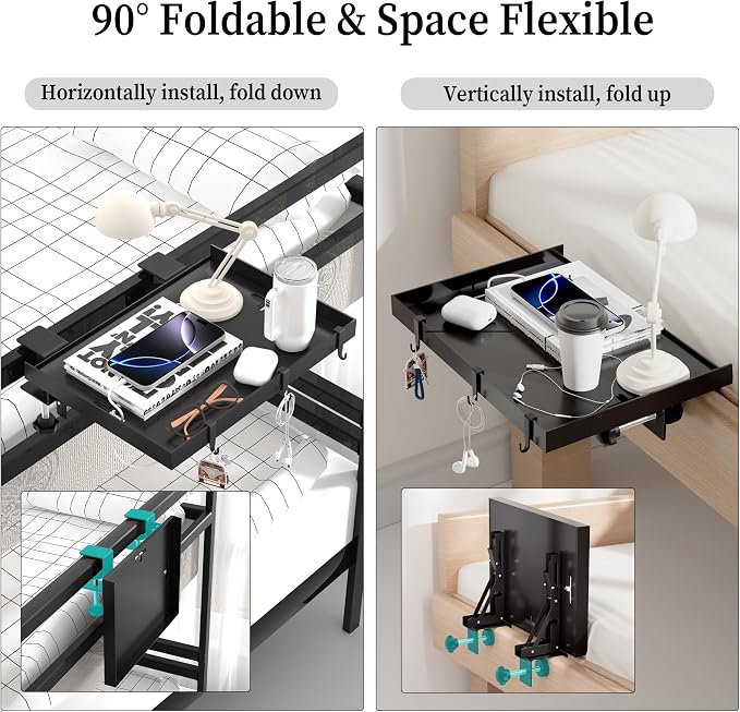 Foldable Bedside Shelf, Metal Clip-On Bed Tray Table - Image 3