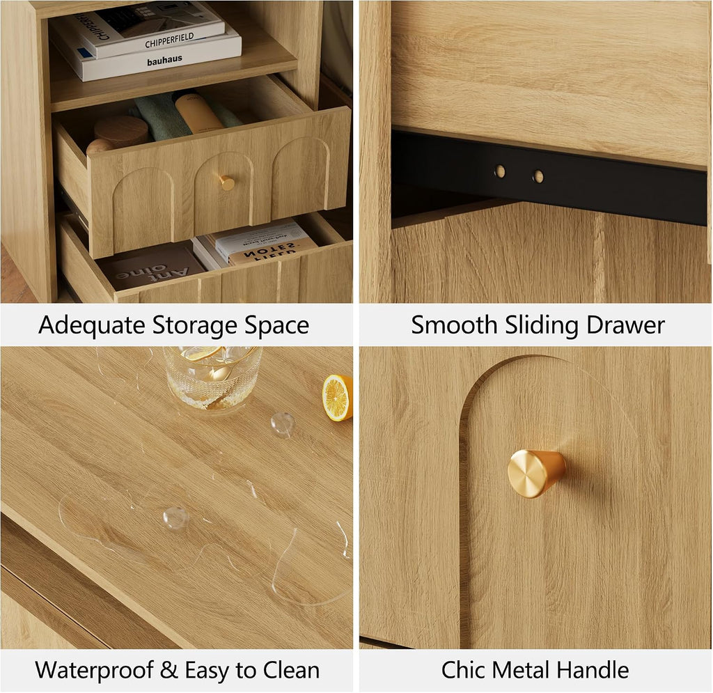 17.7" Nightstand with Charging Station, Arched Design, Oak