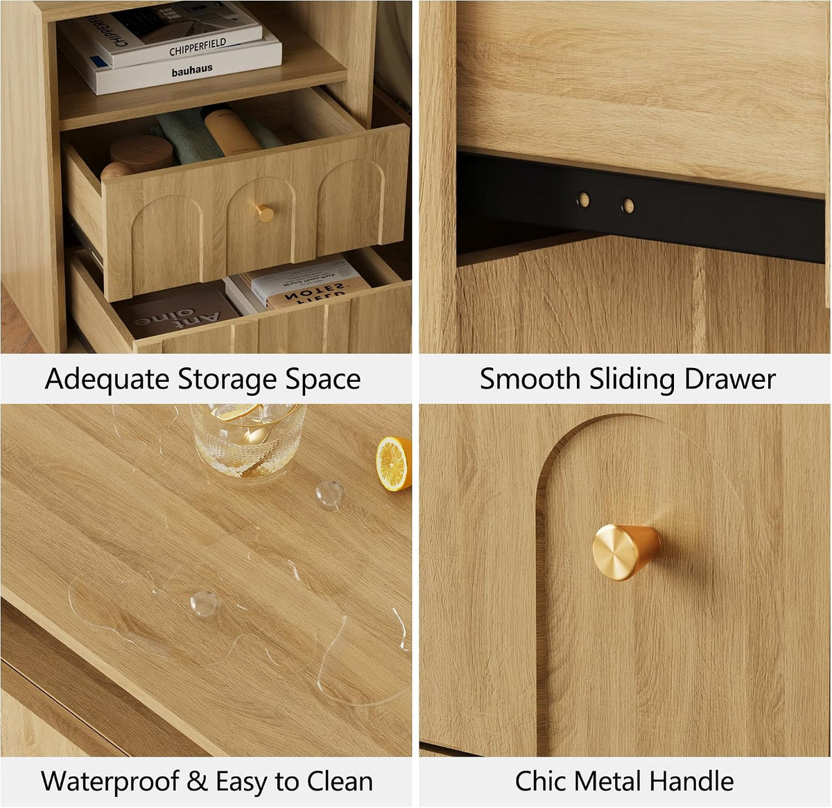 17.7" Nightstand with Charging Station, Arched Design, Oak