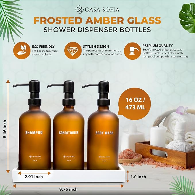 Frosted Amber Glass Shampoo and Conditioner Dispenser Set – Refillable 16 OZ - Image 3
