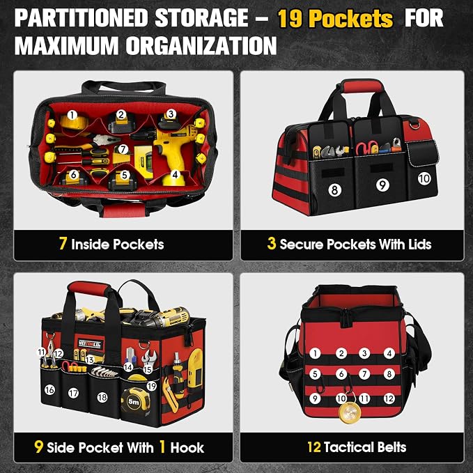 16-Inch Heavy Duty Tool Bag, 19-Pockets Tool Box Organizer, Portable Toolbag - Image 2