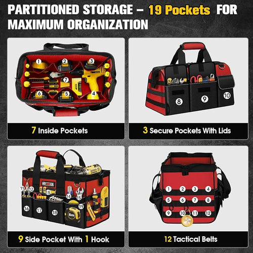 16-Inch Heavy Duty Tool Bag, 19-Pockets Tool Box Organizer, Portable Toolbag - Image 2