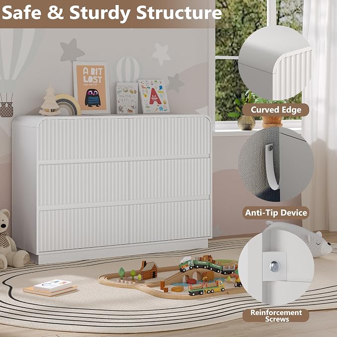Dresser for Bedroom with 6 Drawers, Fluted Chest of Drawers with Round Curved - Image 4
