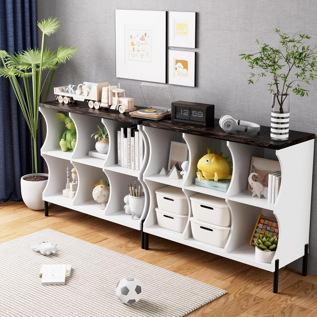 6 Cube Low and Short Book Shelf, White with Dark Brown Top
