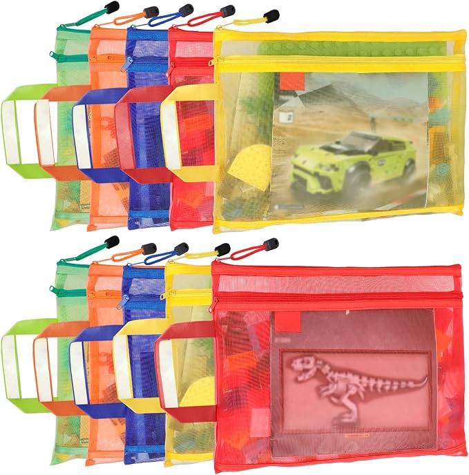 10 Pack 5 Color Mesh Zipper Pouch Bags, Nylon Puzzle Building Block Sets Toy by TrueLux