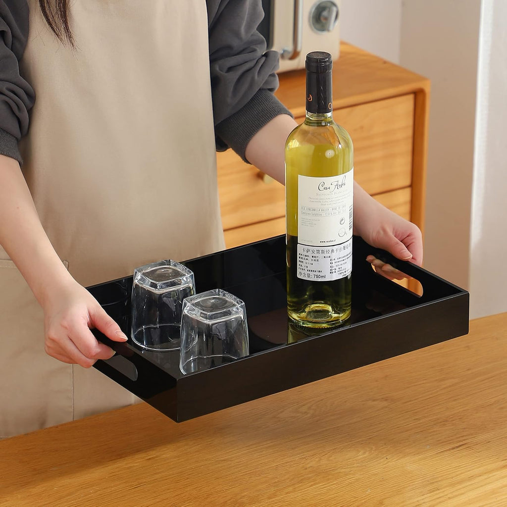 Black Oversize Acrylic Serving Tray with Handles 10x15 Inch -Spill