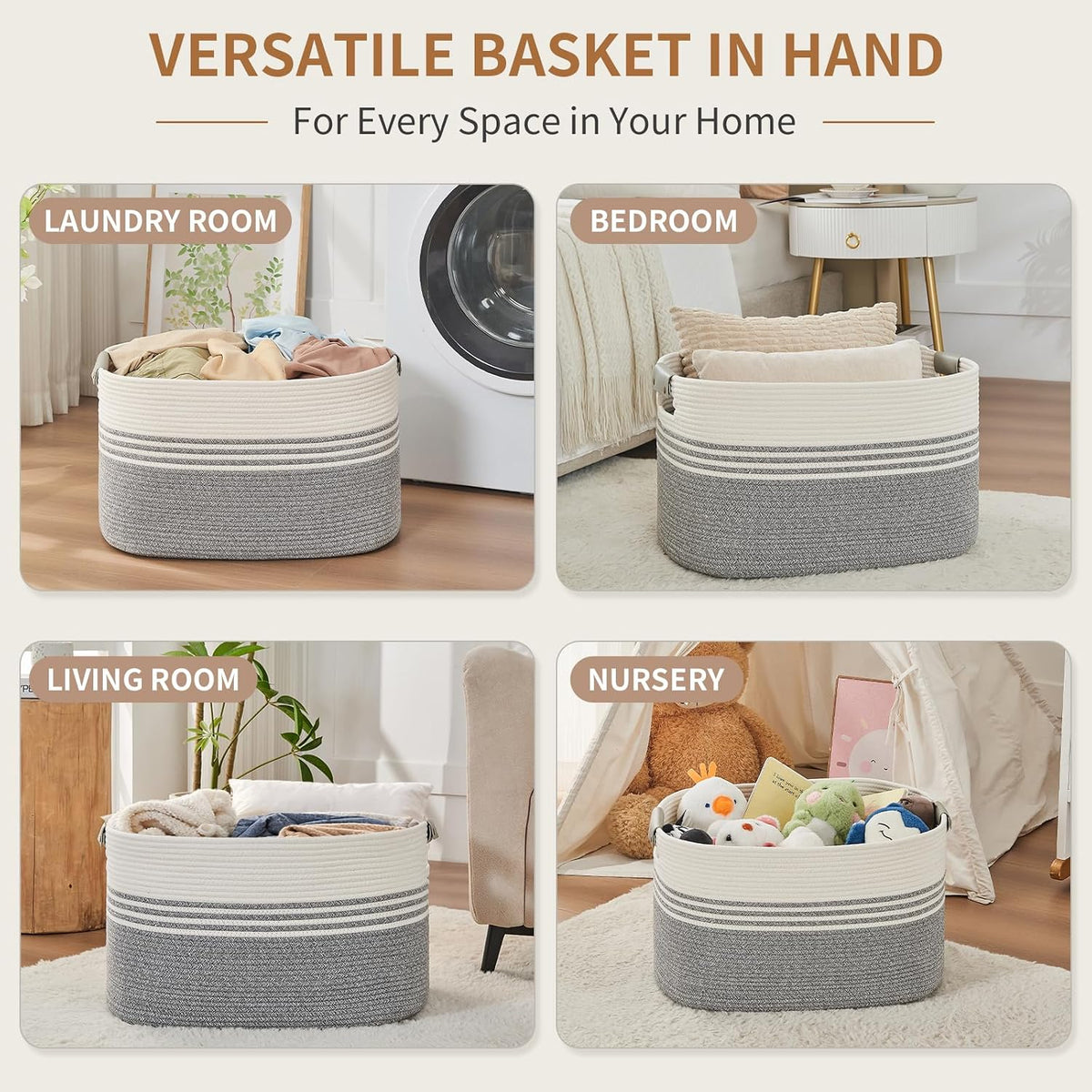 Laundry Hamper with Handles, 72L Rope Laundry Basket, Grey & White