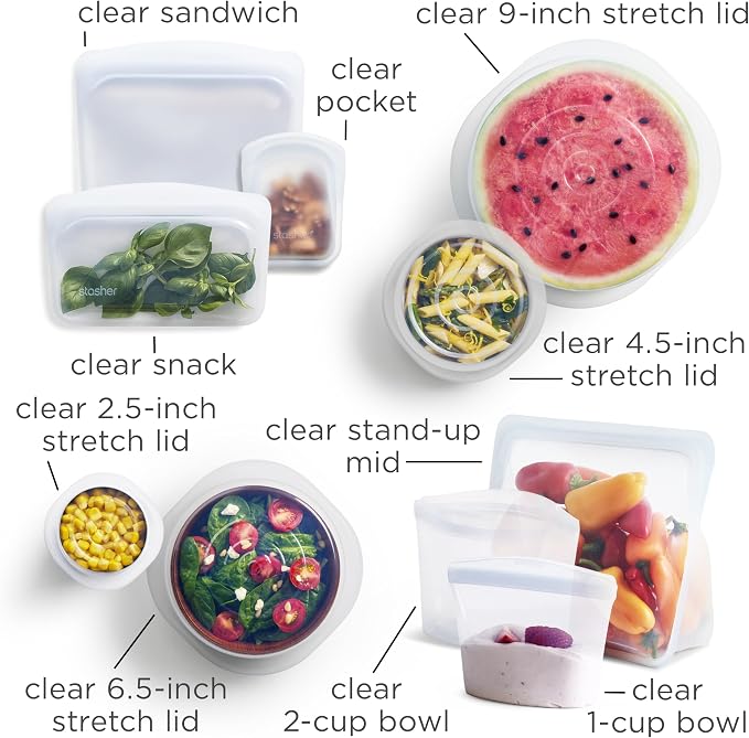 Stasher Premium Silicone Reusable Food Storage Bags and Stretch Lids 10-Pack - Image 2