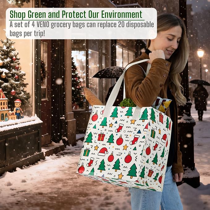 VENO 4 Pack Christmas Reusable Grocery Bags, Heavy-Duty Shopping Bags - Image 7