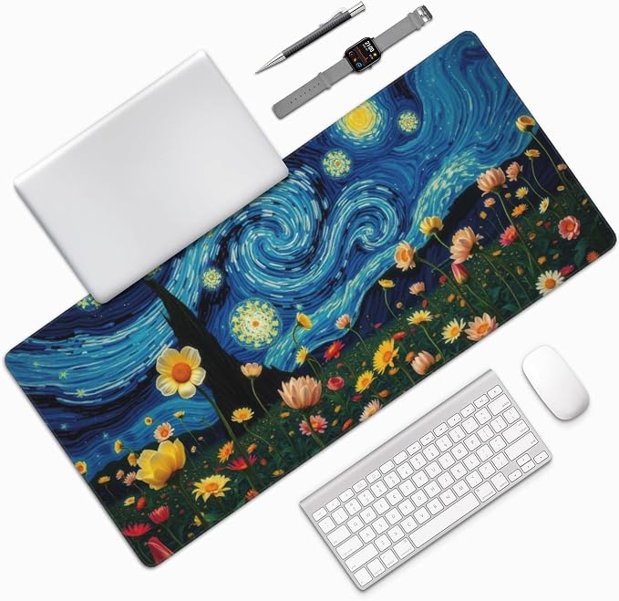 Starry Night Large Mouse Pad, Vintage Aesthetic Flowers Gaming Desk Mat - Image 7
