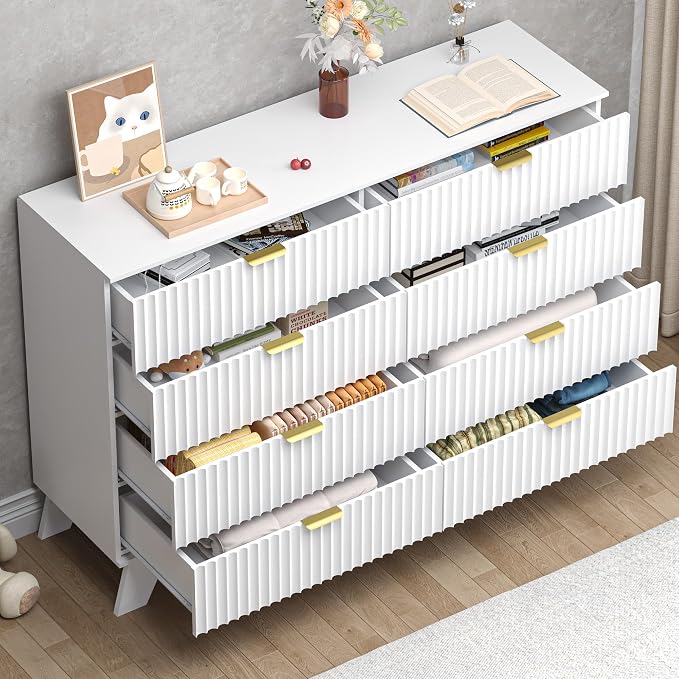 Fluted 8 Drawer Tall Dresser, 47.2" Wide Modern Boho Chest of Drawers, Wooden - Image 4