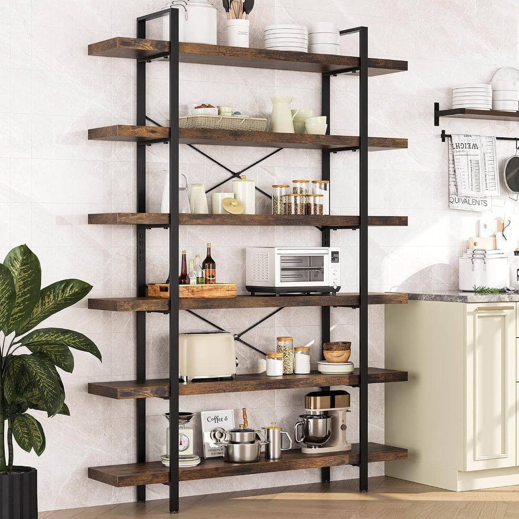 Heavy Duty 6 Tier Industrial Bookcase for Home Office, Rustic Brown