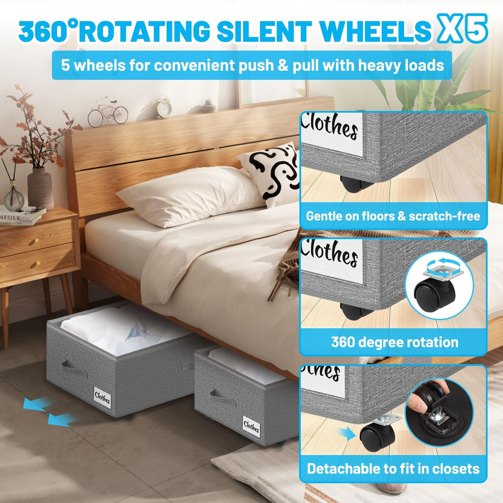 Under Bed Storage with Wheels, 2-Pack 10" Height XXL 75L Rolling
