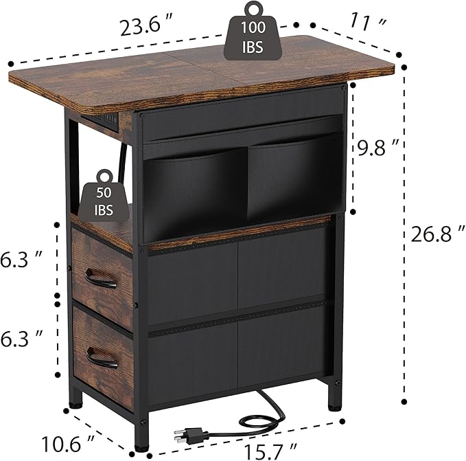 Small Side Table with Charging Station, Narrow Nightstand Bedside Tables with - Image 3