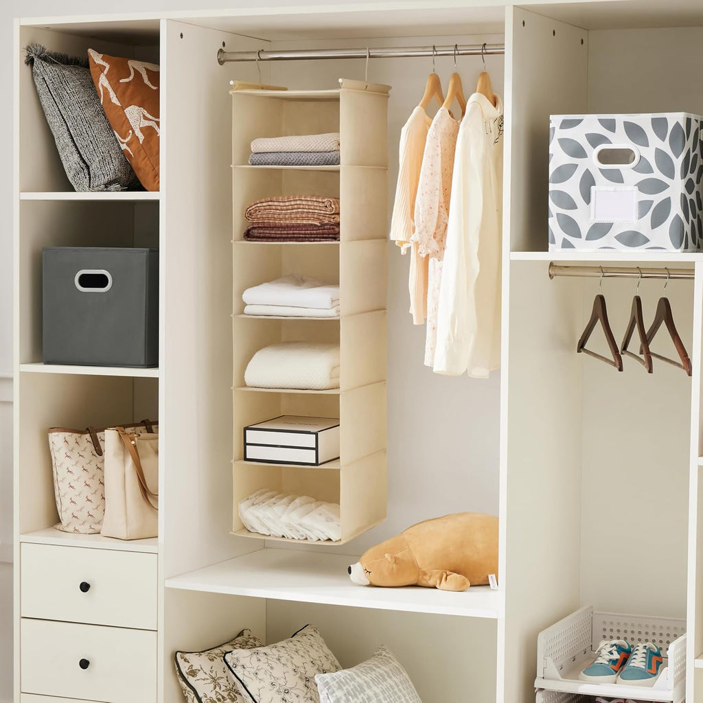 2 Pack 6 Tier Foldable Hanging Closet Organizer, Beige