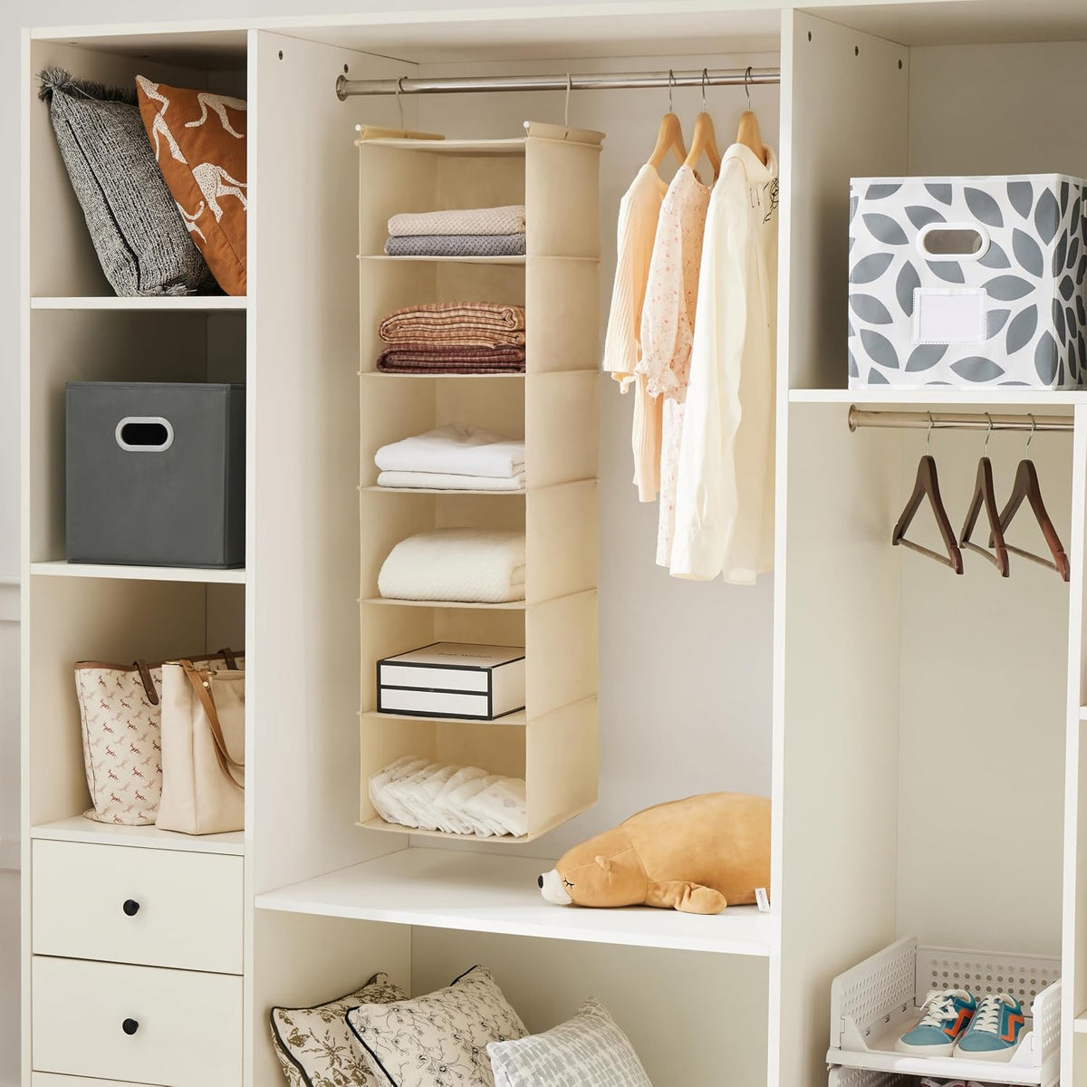 2 Pack 6 Tier Foldable Hanging Closet Organizer, Beige