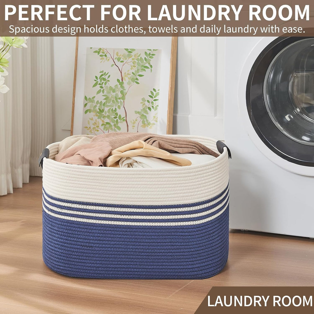 DOFASAYI Laundry Hamper, 72L Cotton Rope Laundry Basket, Dark Blue &
