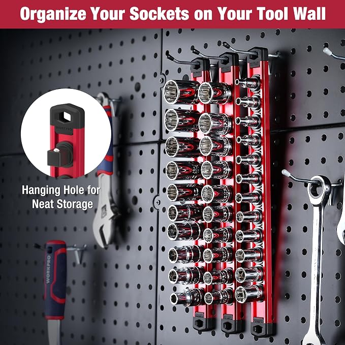 WORKPRO Magnetic Socket Organizer Set, 3-Piece Aluminum Alloy Socket Rail - Image 7
