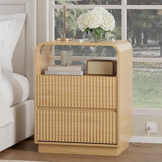 Natural Oak Nightstand with Charging Station, Mid Century Modern Bedside Table by WODEER