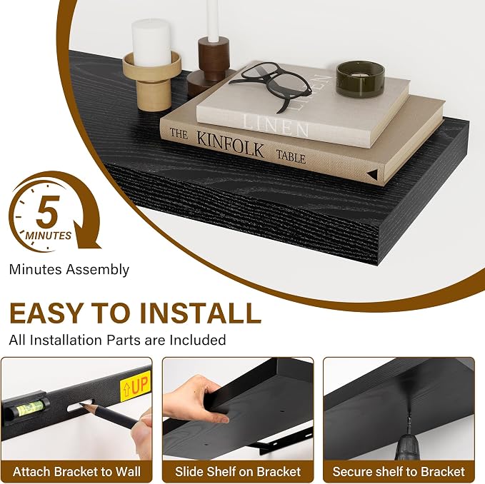 Black Floating Shelves for Wall, 27.5 Inch Bathroom Shelves Set of 2, Rustic - Image 7