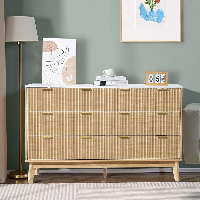 VEVOR Fluted 6 Drawer Dresser, Modern Dresser TV Stand, Wooden Closet Clothes by VEVOR