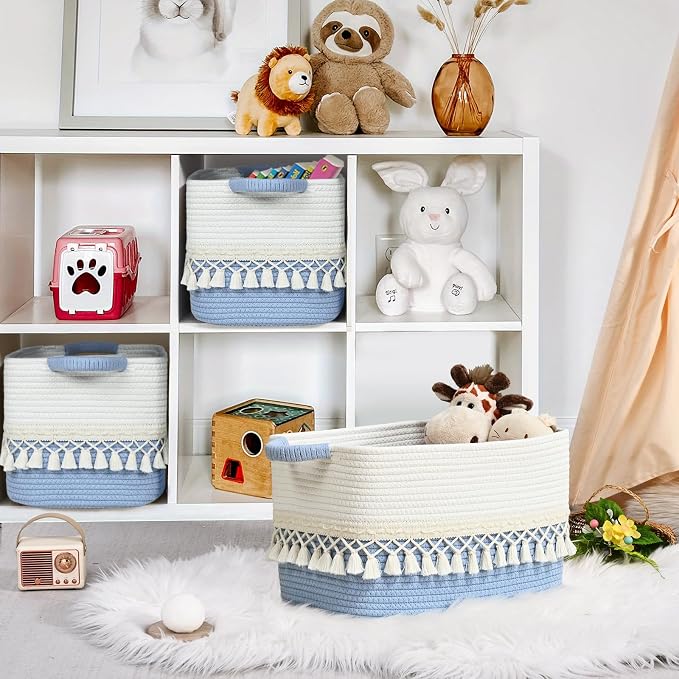 3 Pack Storage Basket for Shelves, Boho Cotton Rope Storage Bins - Image 3