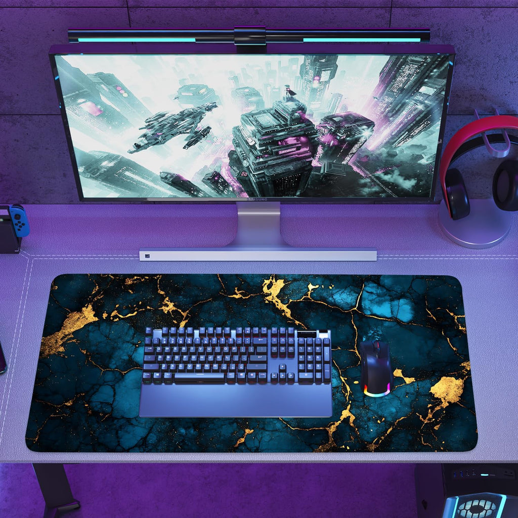 Blue Marble Gold Vein Mouse Pad – Large Extended Desk Mat 35.43 x