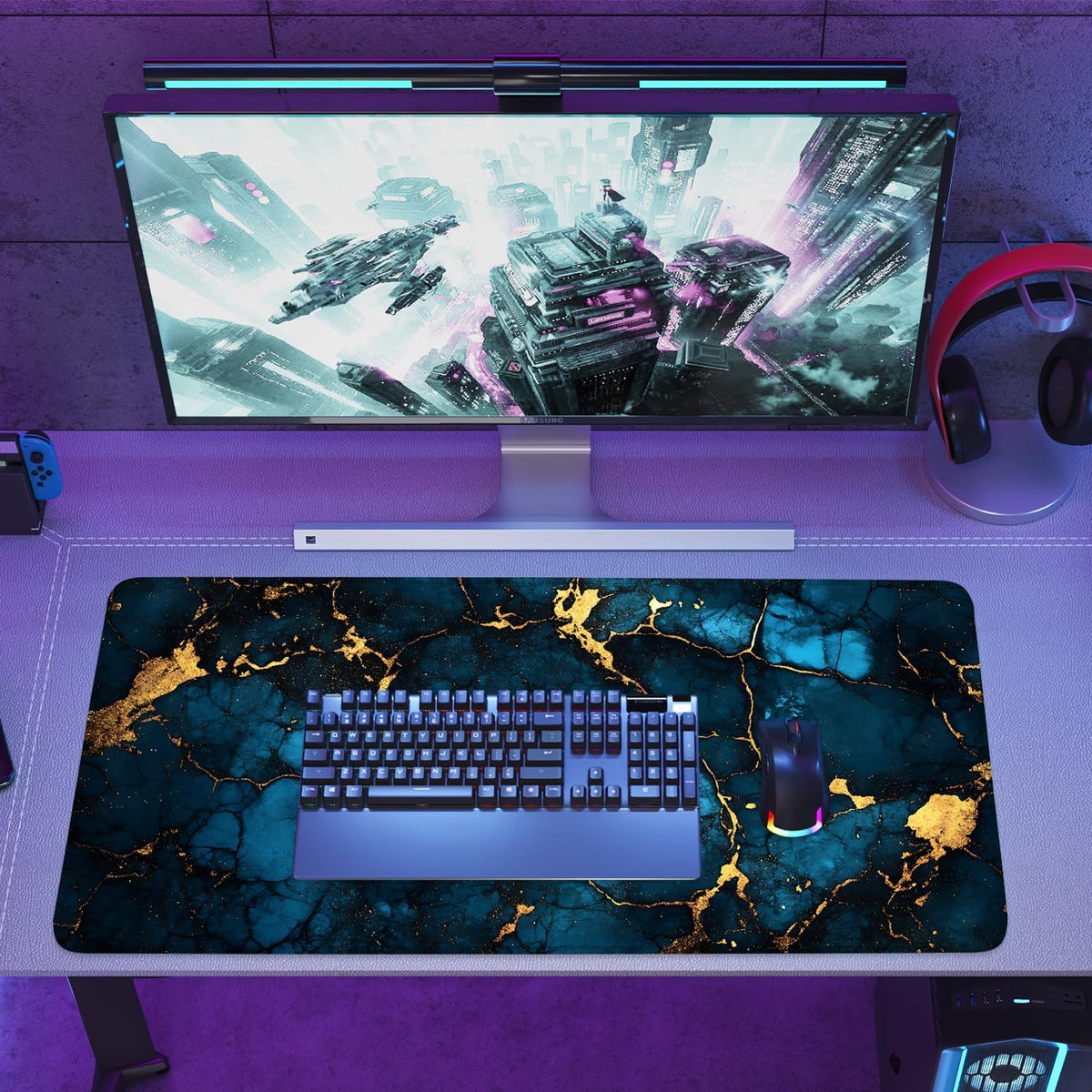 Blue Marble Gold Vein Mouse Pad – Large Extended Desk Mat 35.43 x