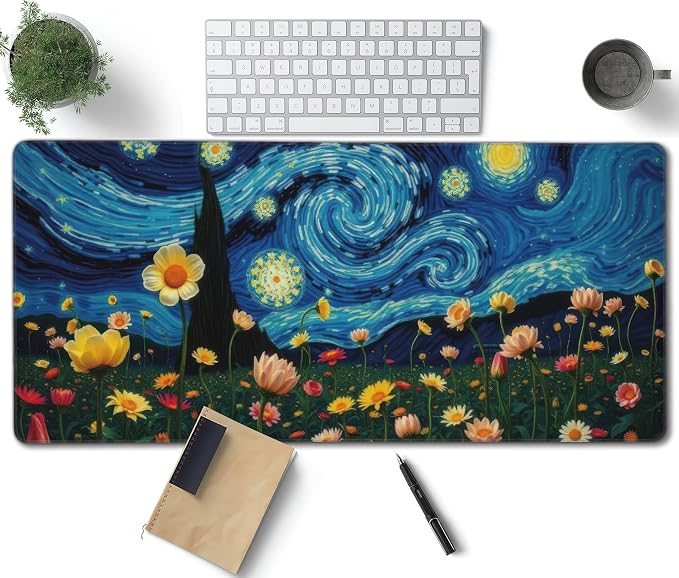 Starry Night Large Mouse Pad, Vintage Aesthetic Flowers Gaming Desk Mat by Unknown