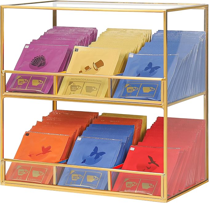 Glass Tea Bag Organizer for Counter, 2-Tier Teabag Organizer Storage Holder for by REDHUGO