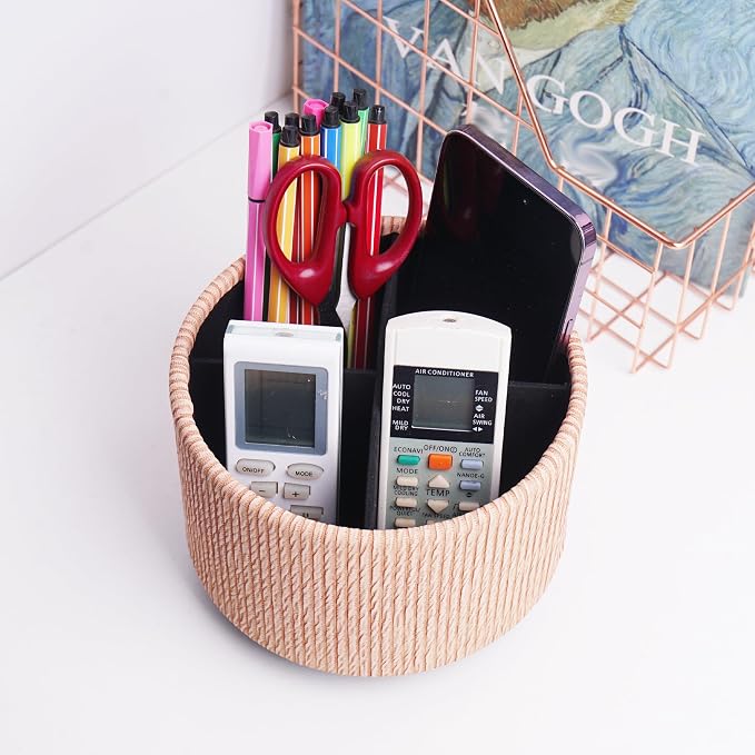 Round Leather Art Supply Organizer, Remote Control Holder, 360 Degree Spinning - Image 6