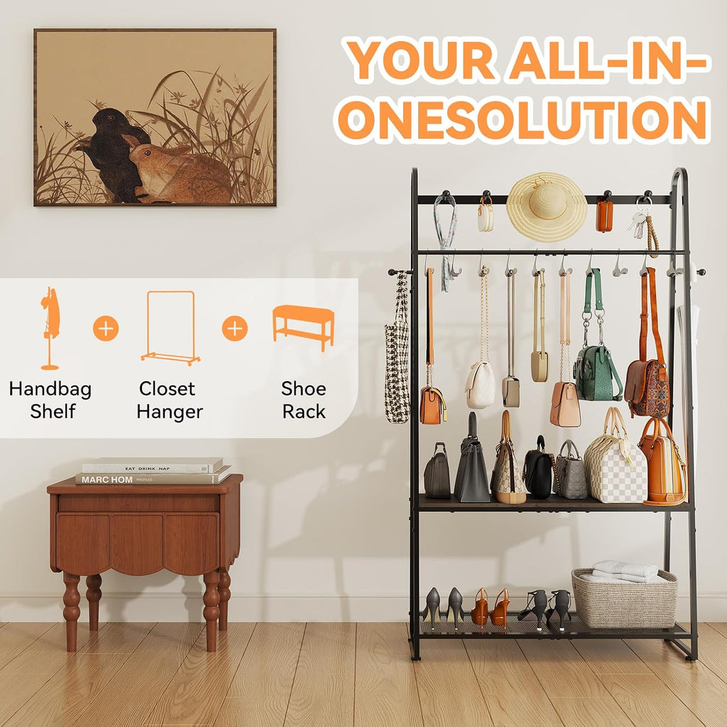 Purse Organizer for Closet, Purse Rack - Tall Purse Shelf with 8 Hooks