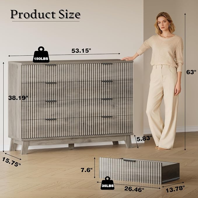 53" Tall Dresser for Bedroom, 8-Drawer Fluted Chest of Drawers, Modern Wood - Image 2