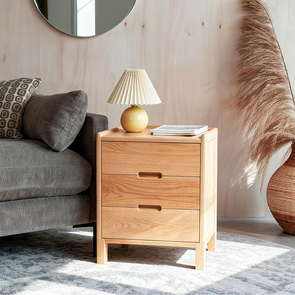 Nightstand, Solid Wood Small End Table w/3 Drawers, Modern Bedside