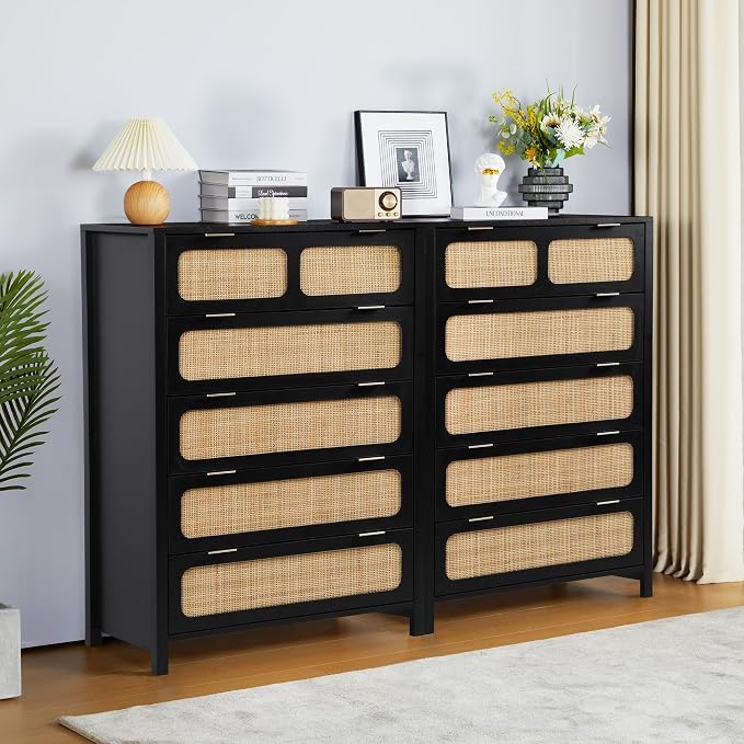 5 Drawer Dresser with Rattan Finish, Modern Farmhouse Chest of Drawers with - Image 5