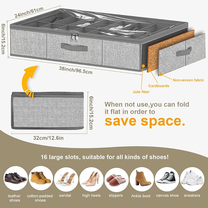 homyfort 32 Pairs Shoe Organizer Under Bed, Underbed Shoe Storage Boxes Bins - Image 2