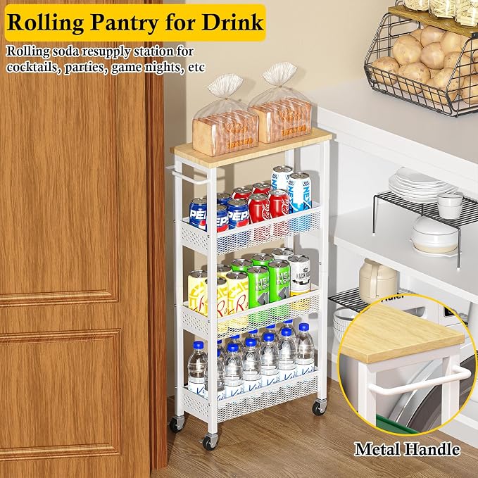 Utility Slim Storage Cart, 4 Tier Small Rolling Kitchen Laundry Room Cart - Image 8