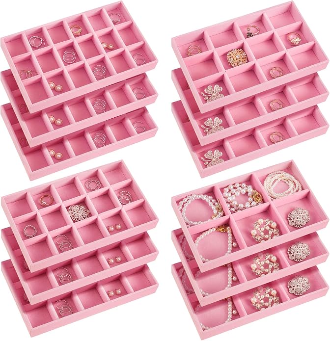 Junkin 12 Pcs Jewelry Tray Velvet Stackable Jewelry Organizer Trays Divided by Junkin