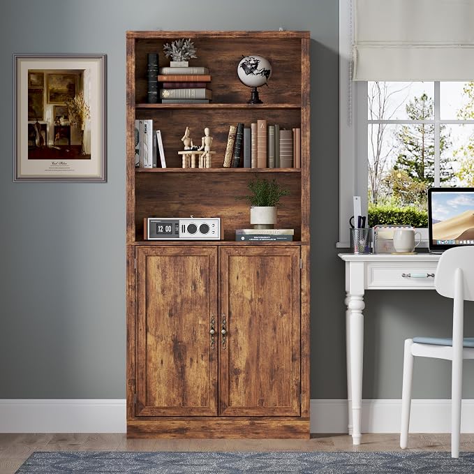 71.4" Tall Bookshelf with Cabinet, 5-Tier Floor Standing Bookcase with Doors & - Image 3