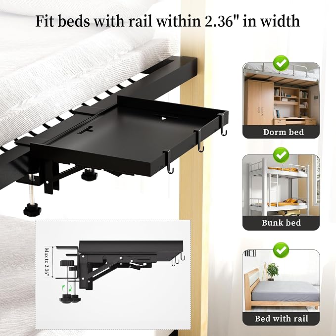 Foldable Bedside Shelf, Metal Clip-On Bed Tray Table - Image 4