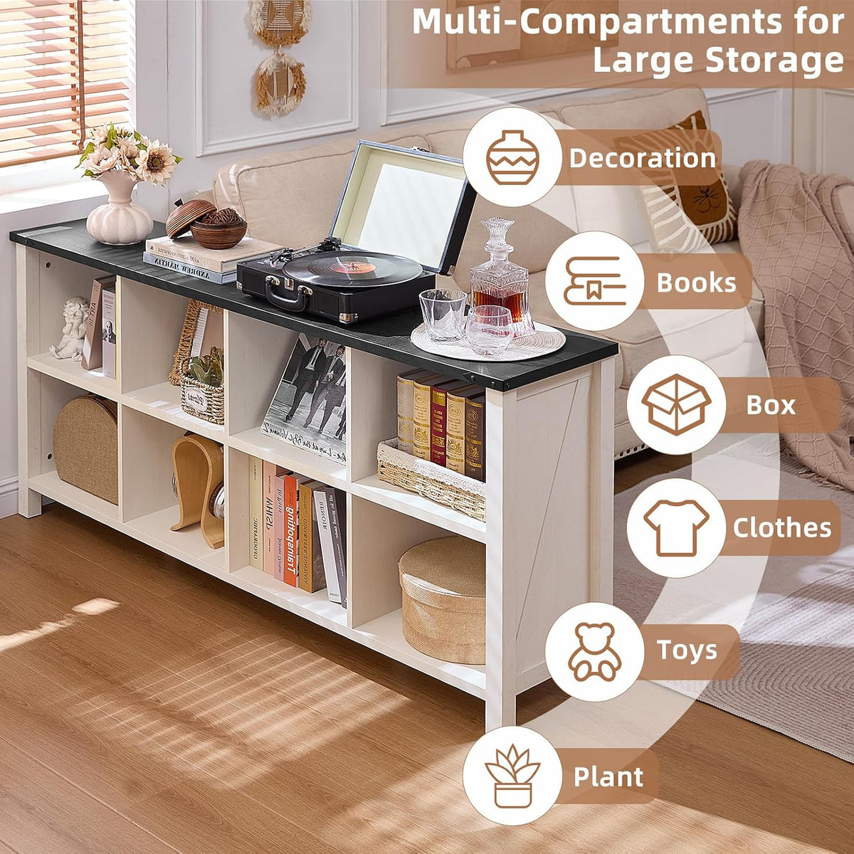 Joaxswe 8 Cube Book Shelf, Farmhouse Wood Long Storage Organizer