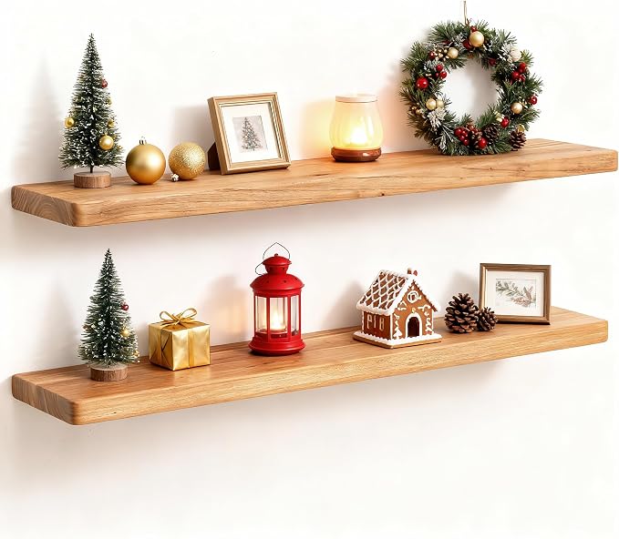 Fun Memories Rustic Elm Wood Floating Shelves, 30 Inch Wall Shelf Set of 2 by FunMemories