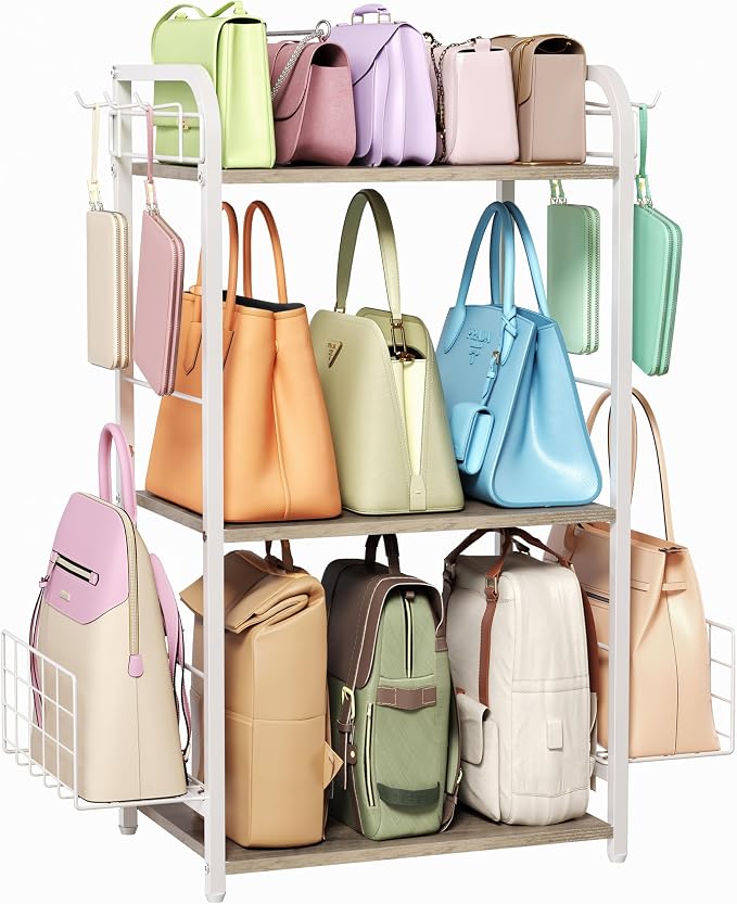 White Purse Organizer, 3-Tier Floor Standing Bag Rack Stand Featuring Side by HOOBRO