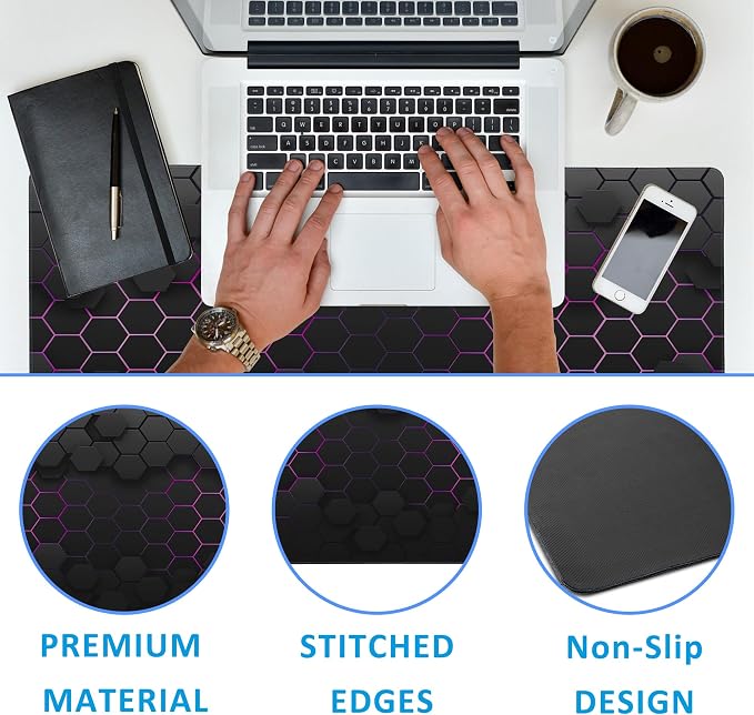Grid with Purple Light Large Gaming Mouse Pad, Waterproof Desk Mat - Image 3