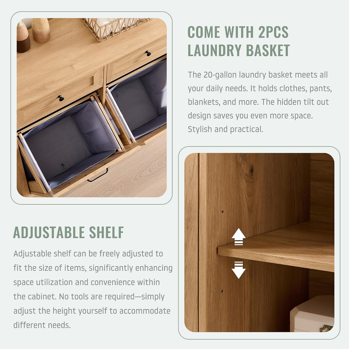 IFBUY Triple Tilt Out Laundry Hamper Cabinet, Trash Cabinet, Natural