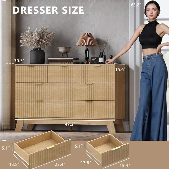 Fluted 7 Drawer Dresser, 47.2" Wide Modern Boho Chest of Drawers, Wooden - Image 2