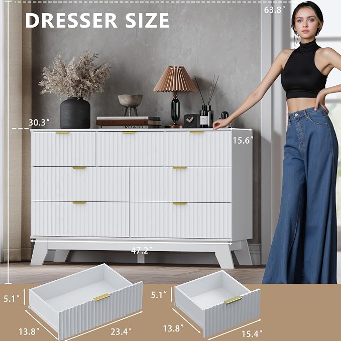 Fluted 7 Drawer Dresser, 47.2" Wide Modern Boho Chest of Drawers, Wooden - Image 2